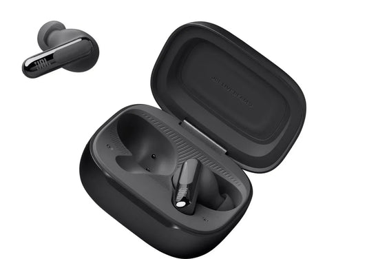 Black wireless earbuds with charging case on a white background